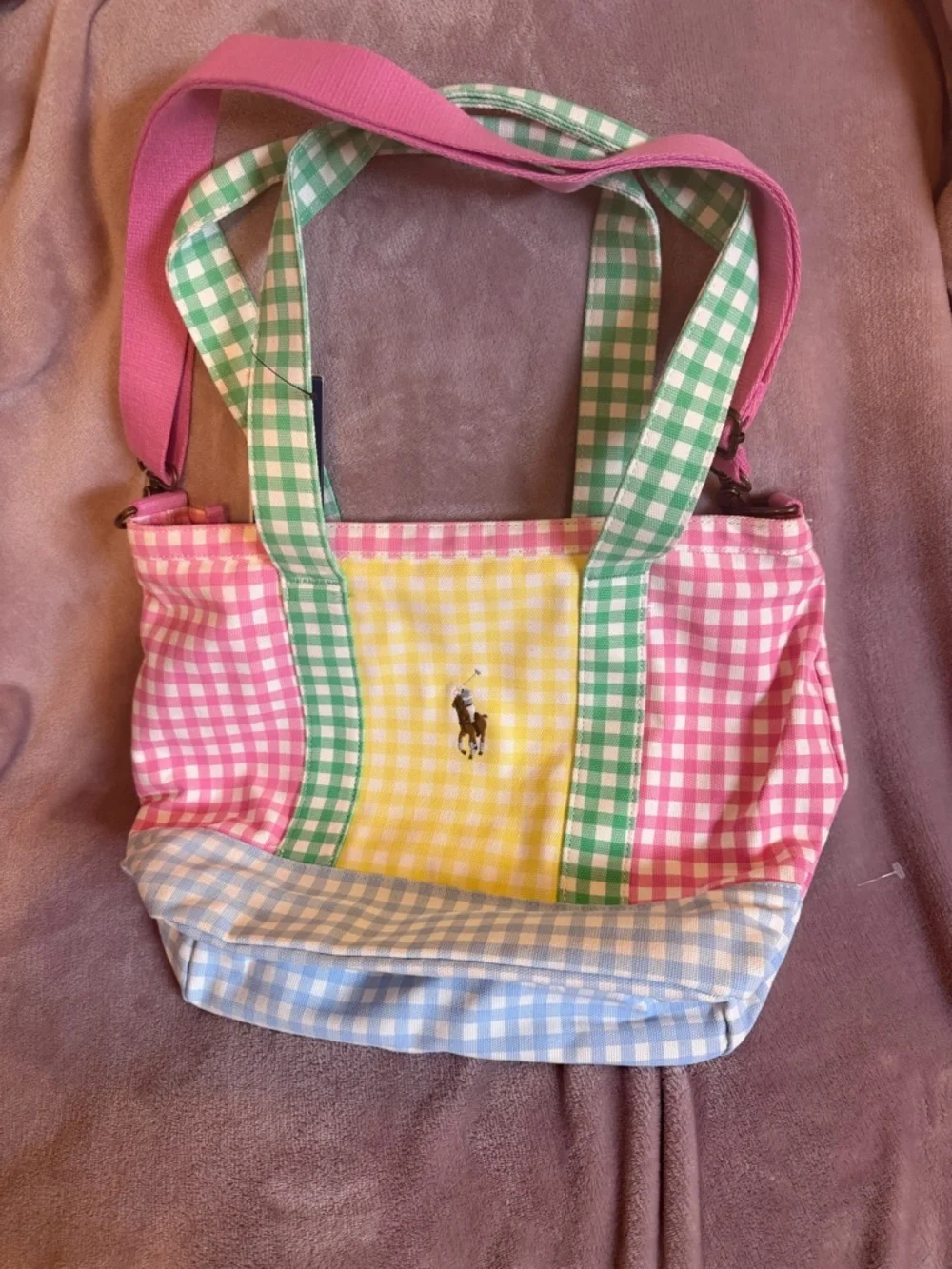 POLO RALPH LAUREN Kids' Gingham Big Pony Cotton Canvas Tote In Multi